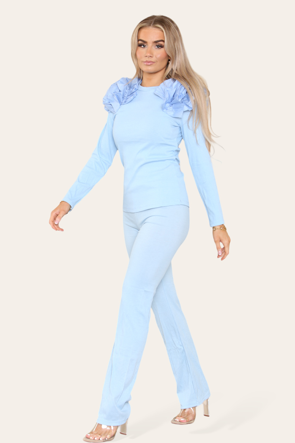 Ruffle Frill Shoulder Ribbed Loungewear Co-Ord Top & Trouser Set - 9th Degree