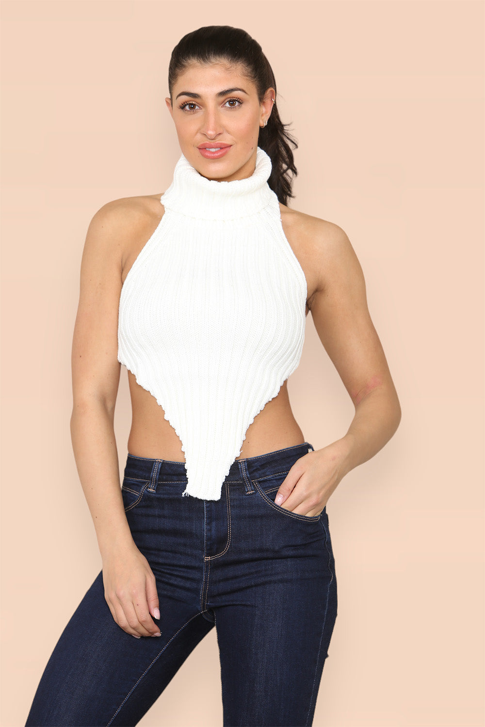 High Neck Roll Knitted Backless Front Cropped Top - 9th Degree