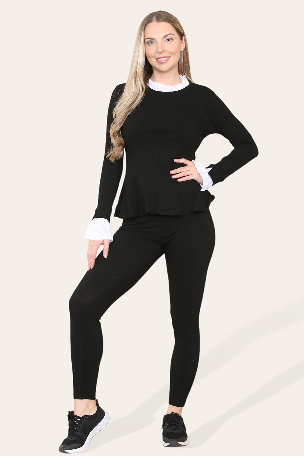 Peplum Frill Neck Suit Pleated Lounge Wear Set - 9th Degree