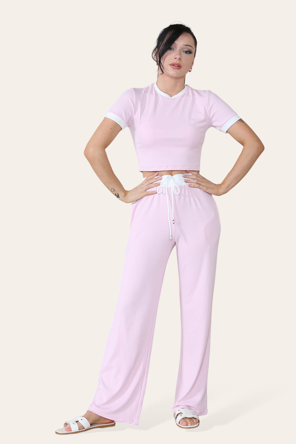 Ribbed Contrast Wide Leg Flared Trousers And Top Loungewear TRS Cropped Set - 9th Degree