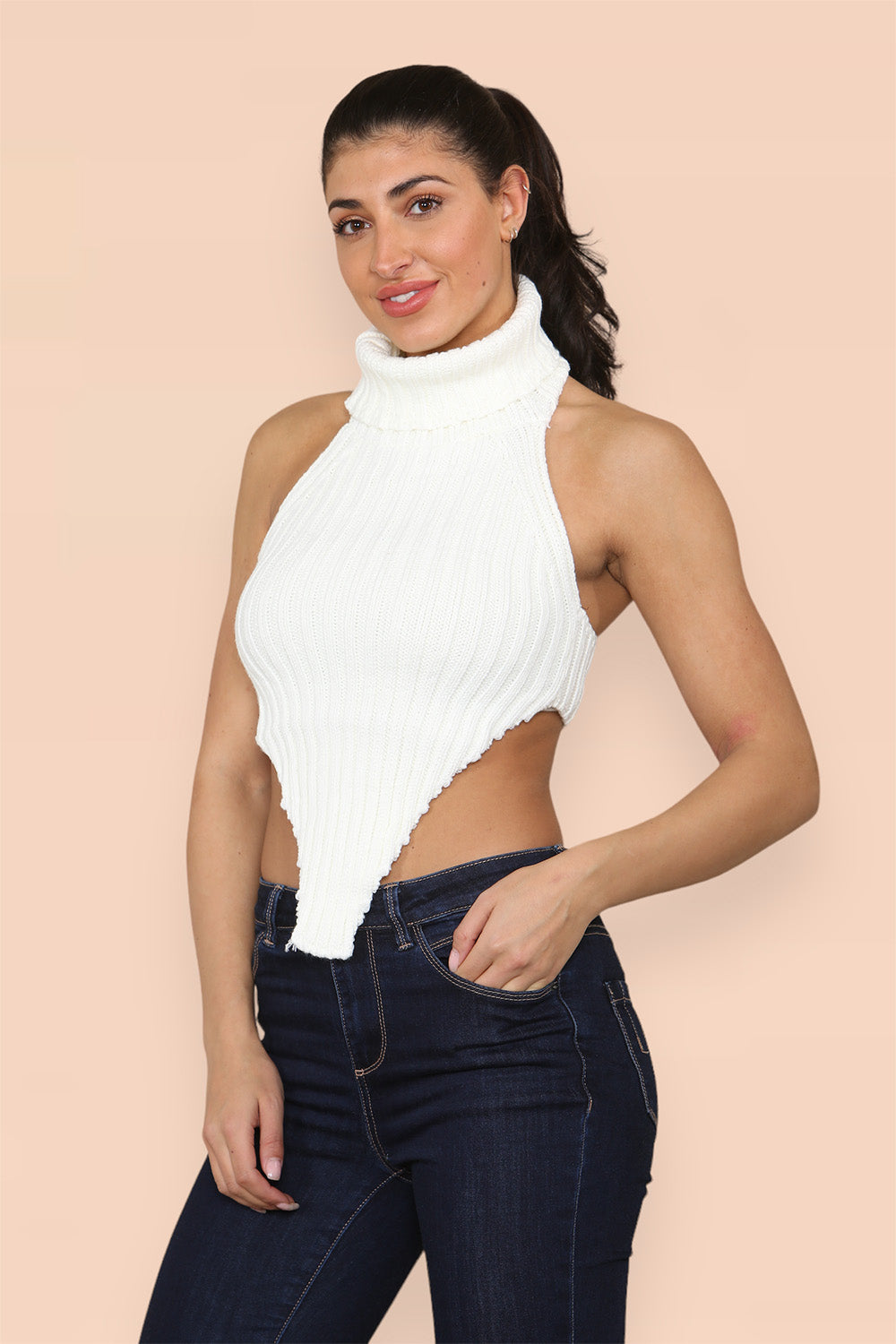 High Neck Roll Knitted Backless Front Cropped Top - 9th Degree