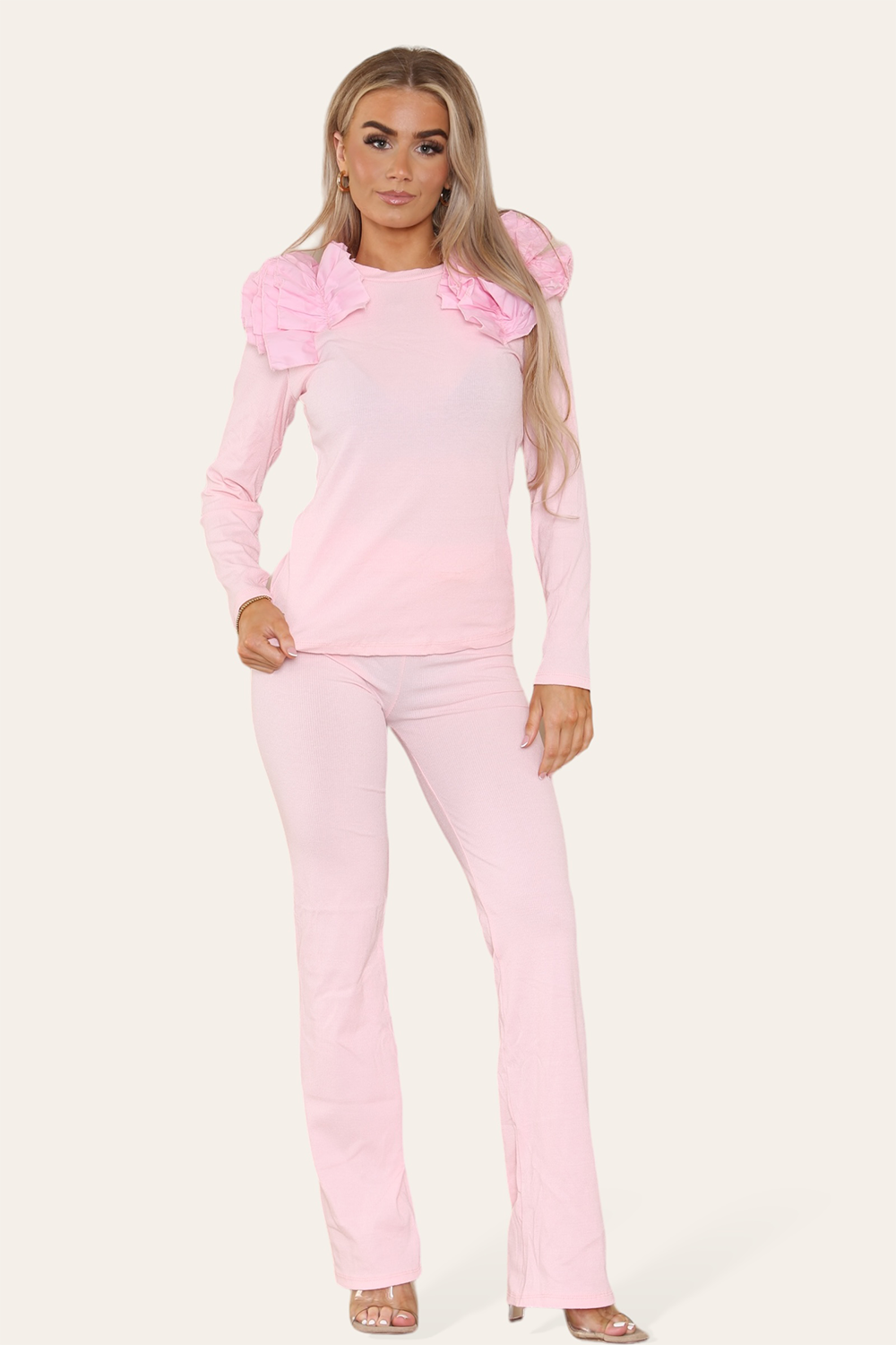 Ruffle Frill Shoulder Ribbed Loungewear Co-Ord Top & Trouser Set - 9th Degree