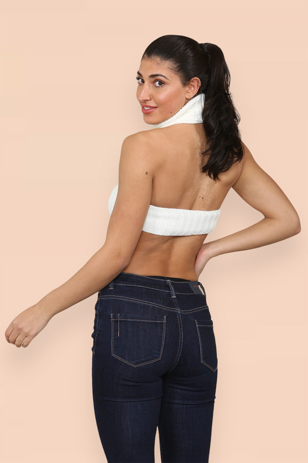 High Neck Roll Knitted Backless Front Cropped Top - 9th Degree