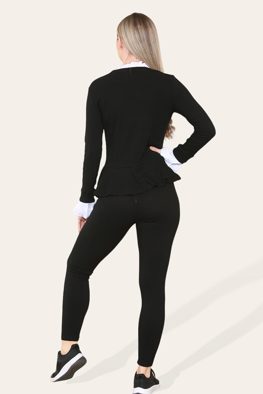 Peplum Frill Neck Suit Pleated Lounge Wear Set - 9th Degree