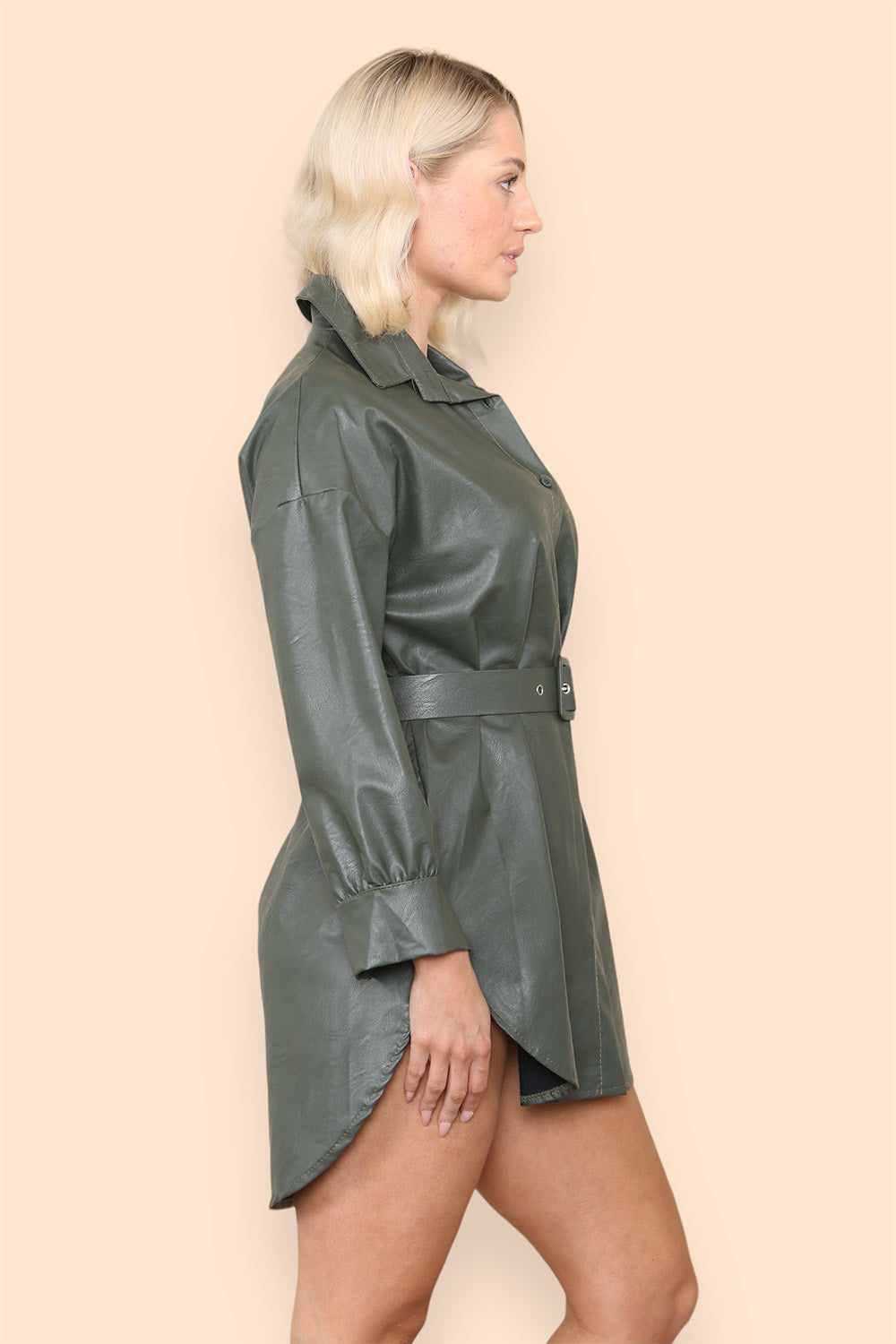 PU Faux Leather Belted Wet Look Shirt Dress - 9th Degree