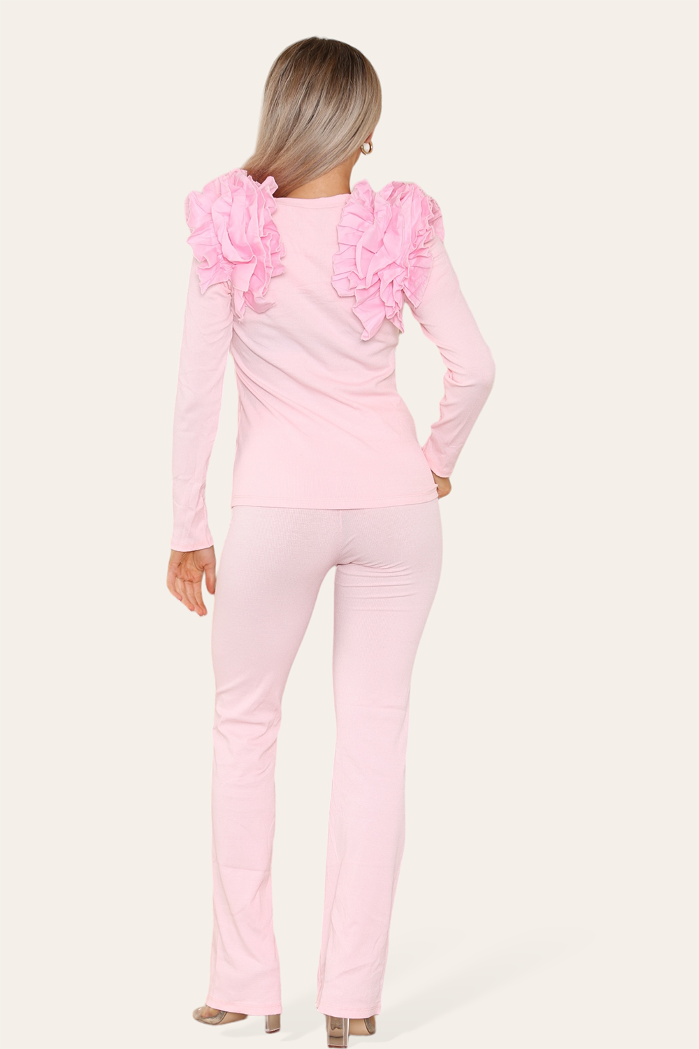 Ruffle Frill Shoulder Ribbed Loungewear Co-Ord Top & Trouser Set - 9th Degree