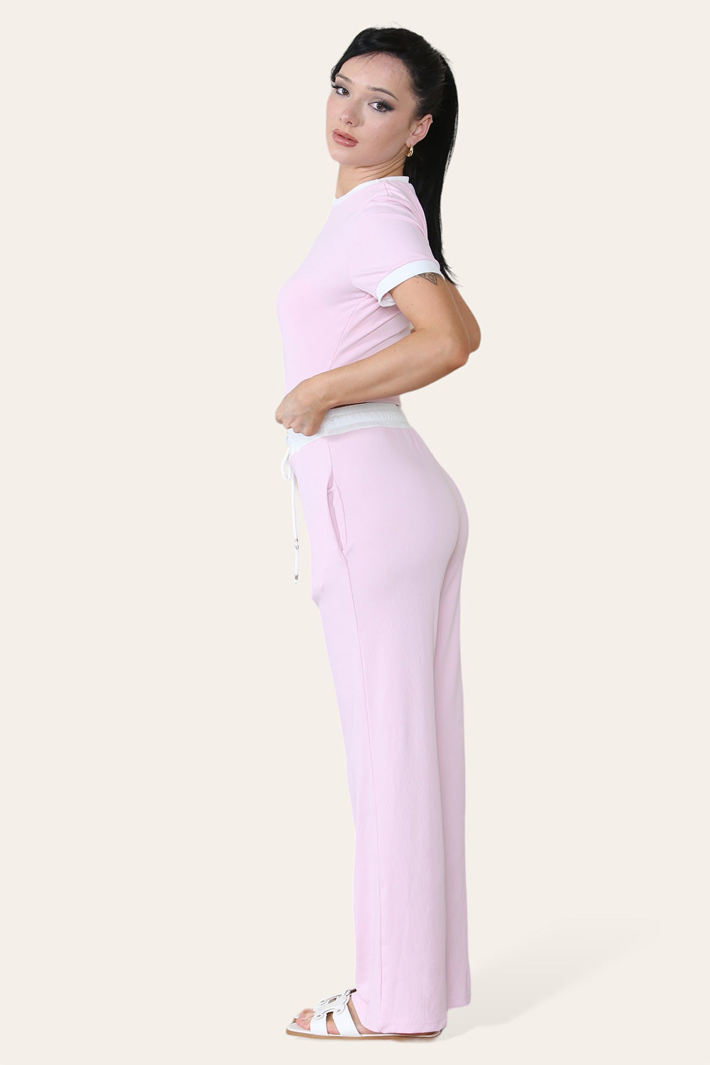 Ribbed Contrast Wide Leg Flared Trousers And Top Loungewear TRS Cropped Set - 9th Degree