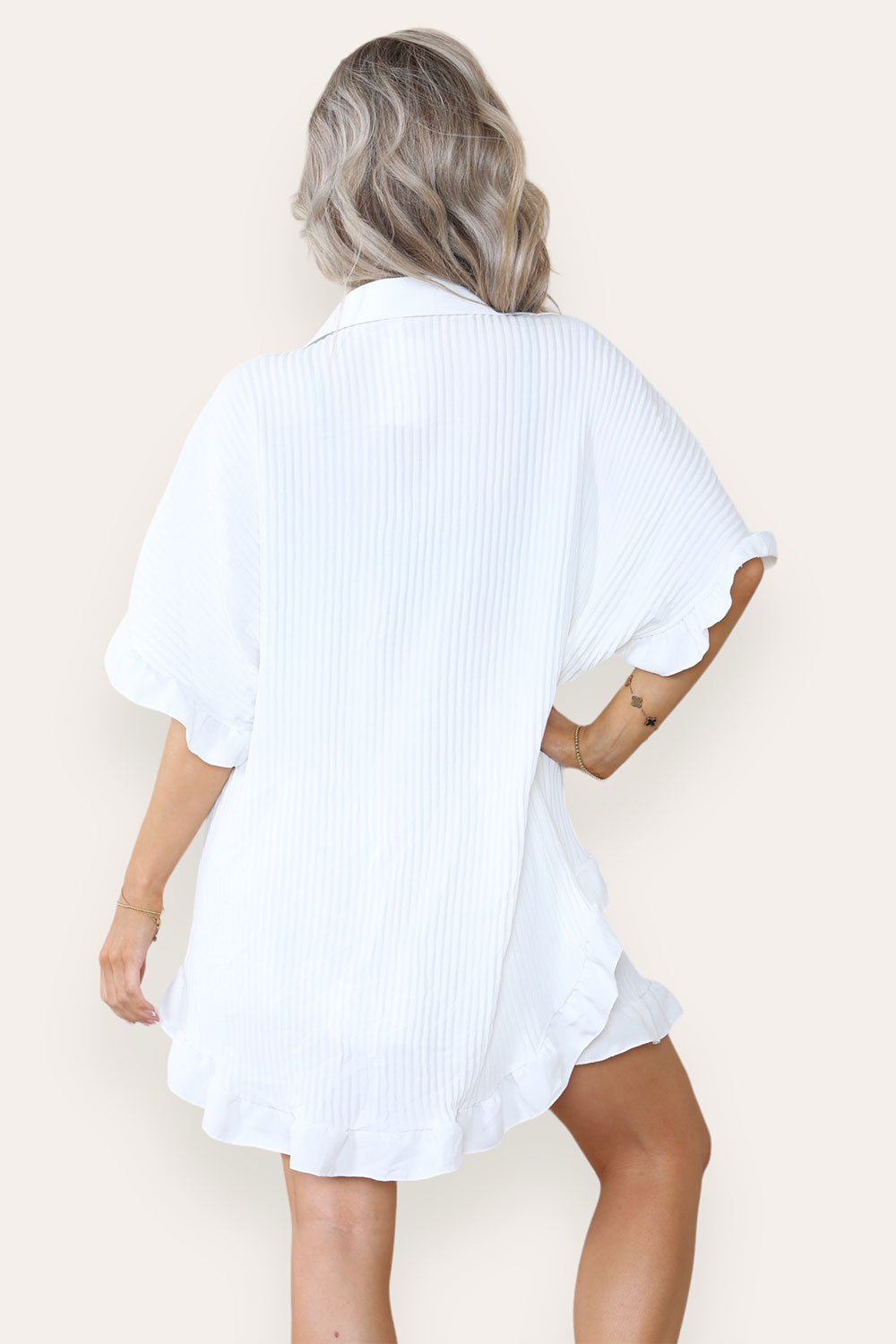 Women’s Casual Oversized Gold Button Pleated Frilled Ruffle Short Sleeves Shirt Top and Short Co-Ord Set - 9th Degree