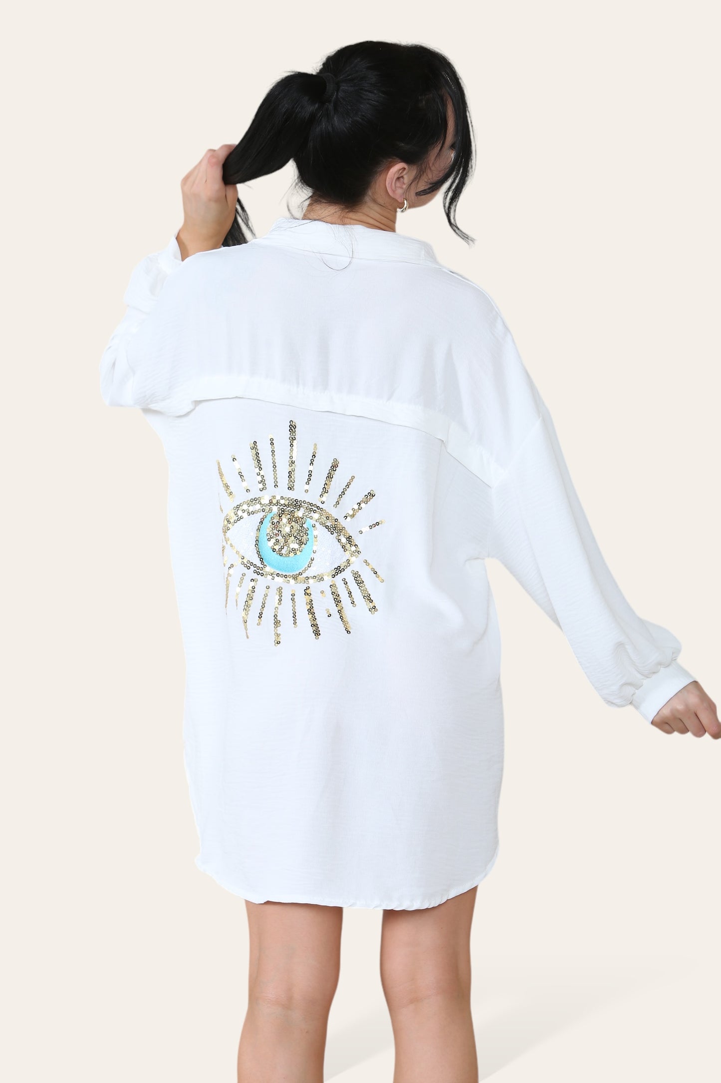 Oversized Long Sleeve Gold Sequin Eye Button Up Shirt - 9th Degree
