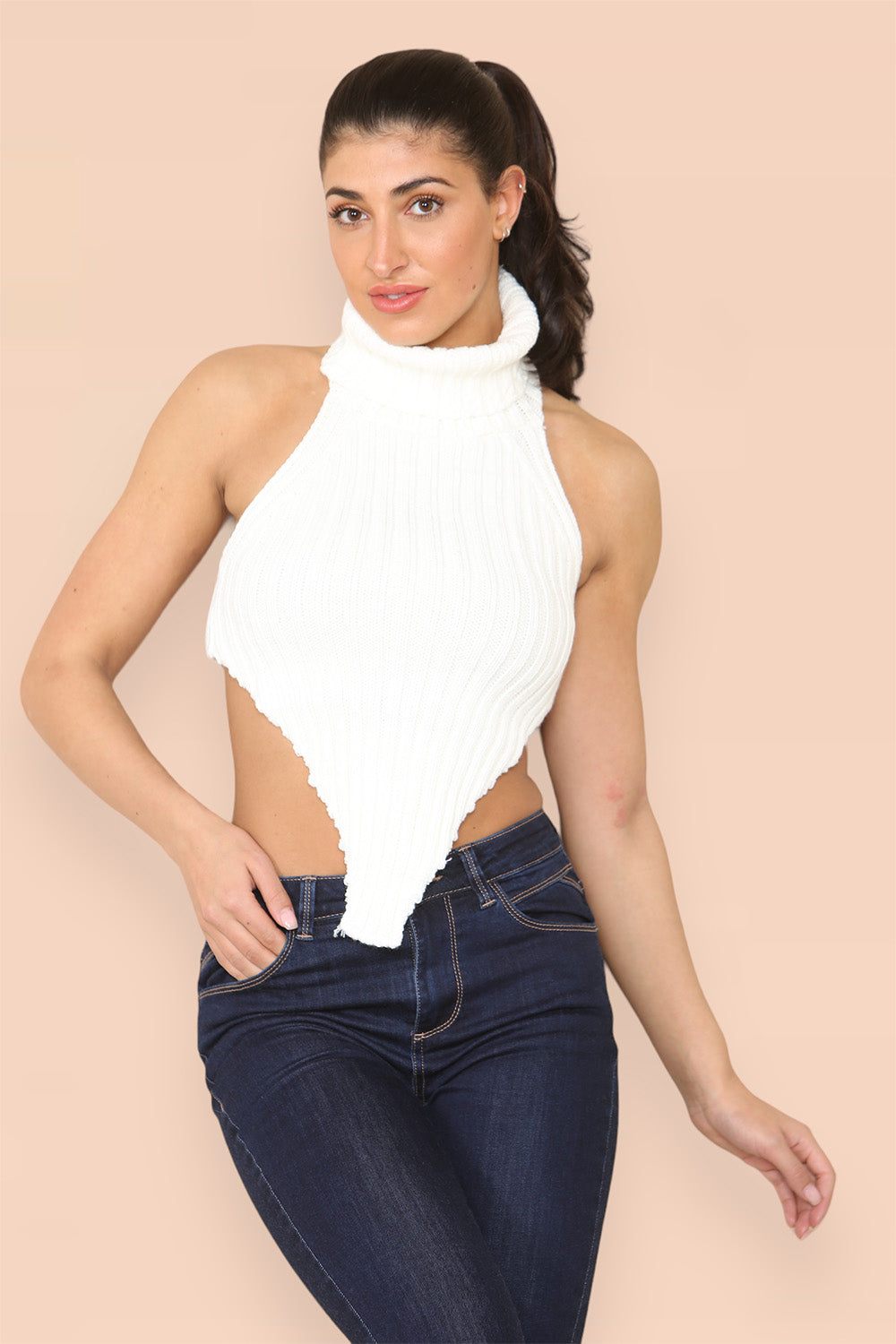 High Neck Roll Knitted Backless Front Cropped Top - 9th Degree