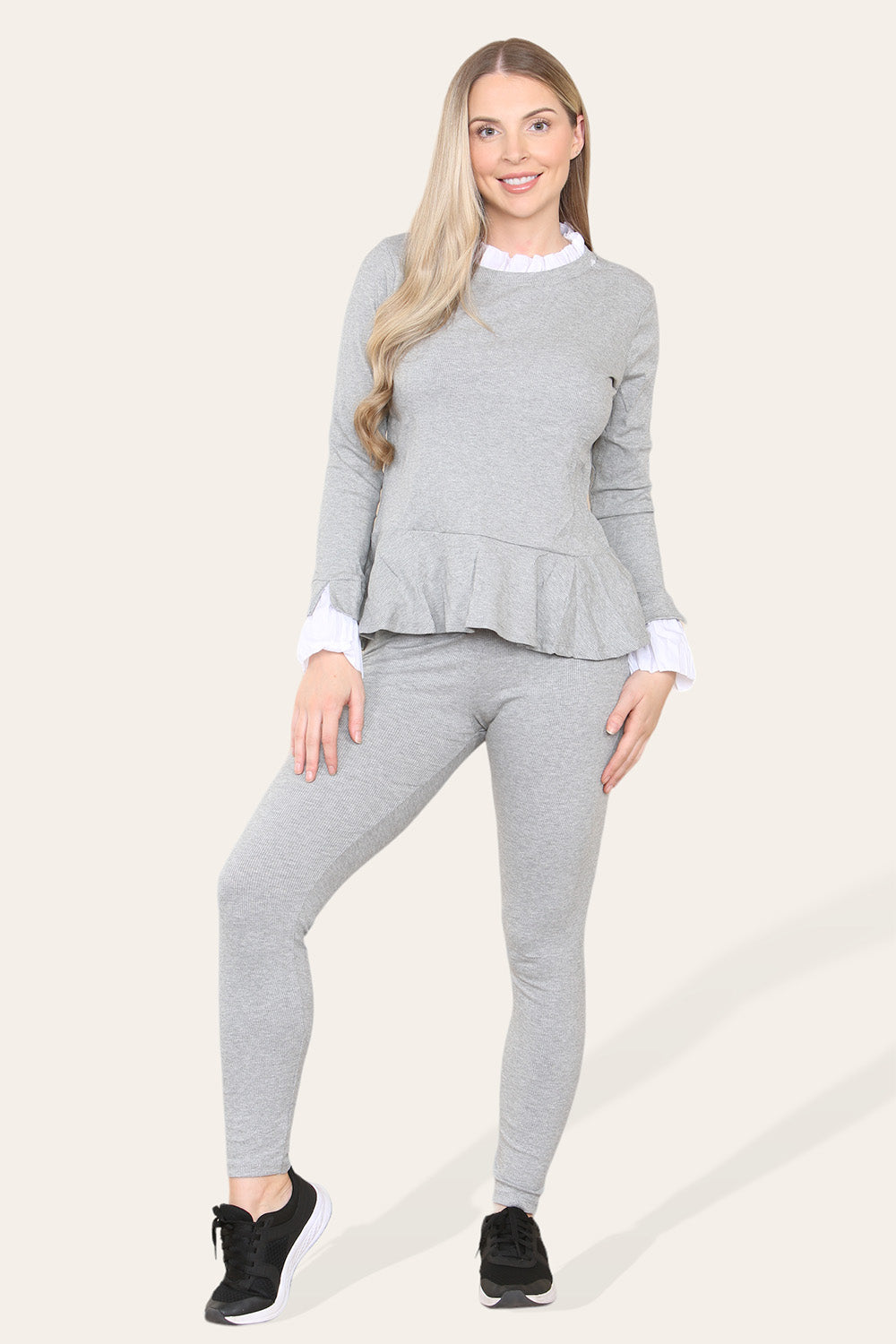 Peplum Frill Neck Suit Pleated Lounge Wear Set - 9th Degree