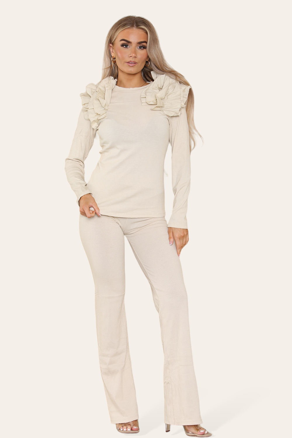 Ruffle Frill Shoulder Ribbed Loungewear Co-Ord Top & Trouser Set - 9th Degree