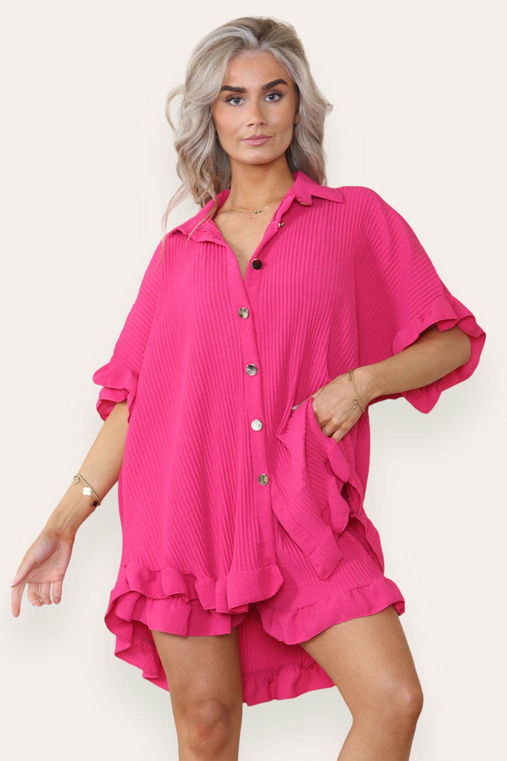 Women’s Casual Oversized Gold Button Pleated Frilled Ruffle Short Sleeves Shirt Top and Short Co-Ord Set - 9th Degree