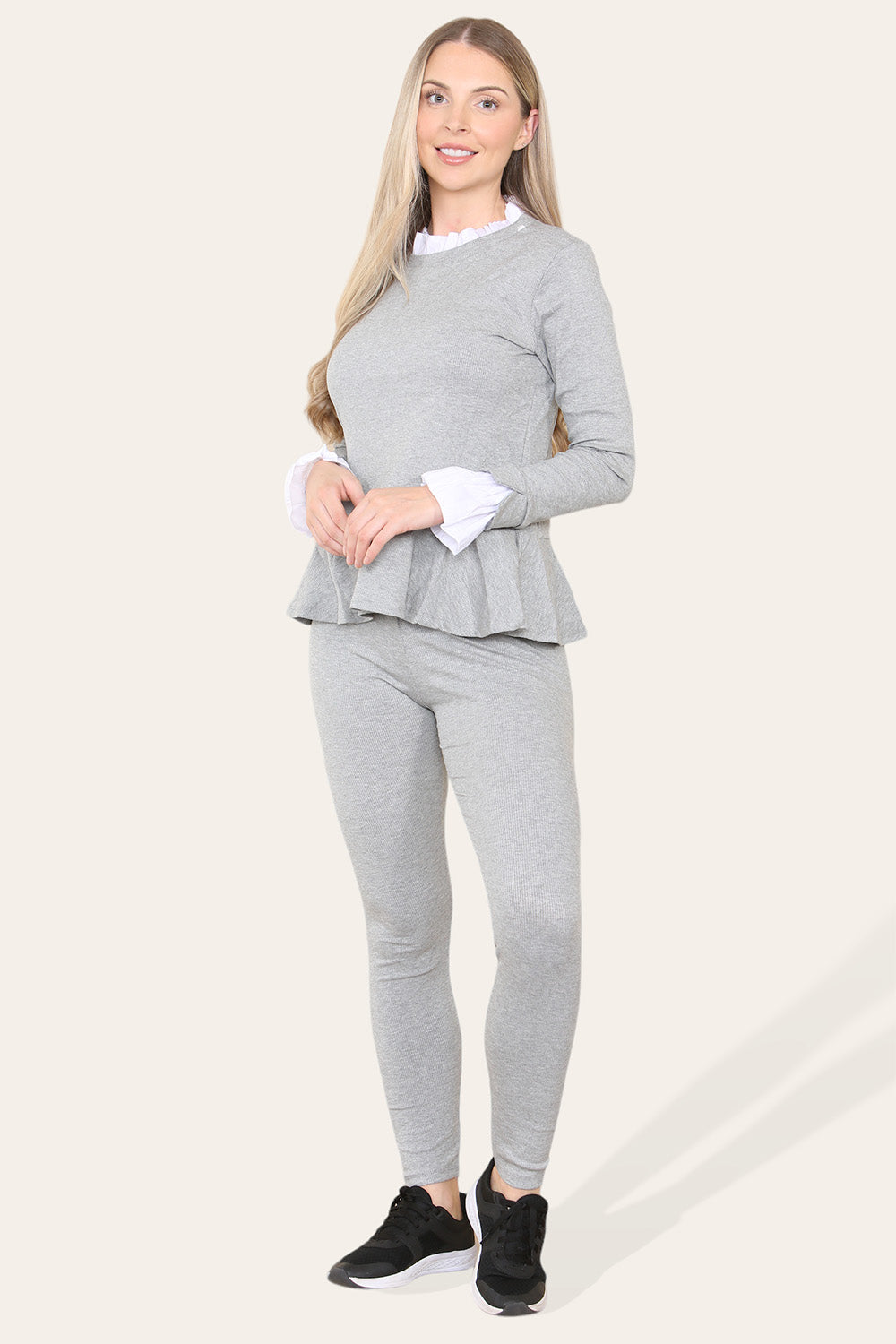 Peplum Frill Neck Suit Pleated Lounge Wear Set - 9th Degree