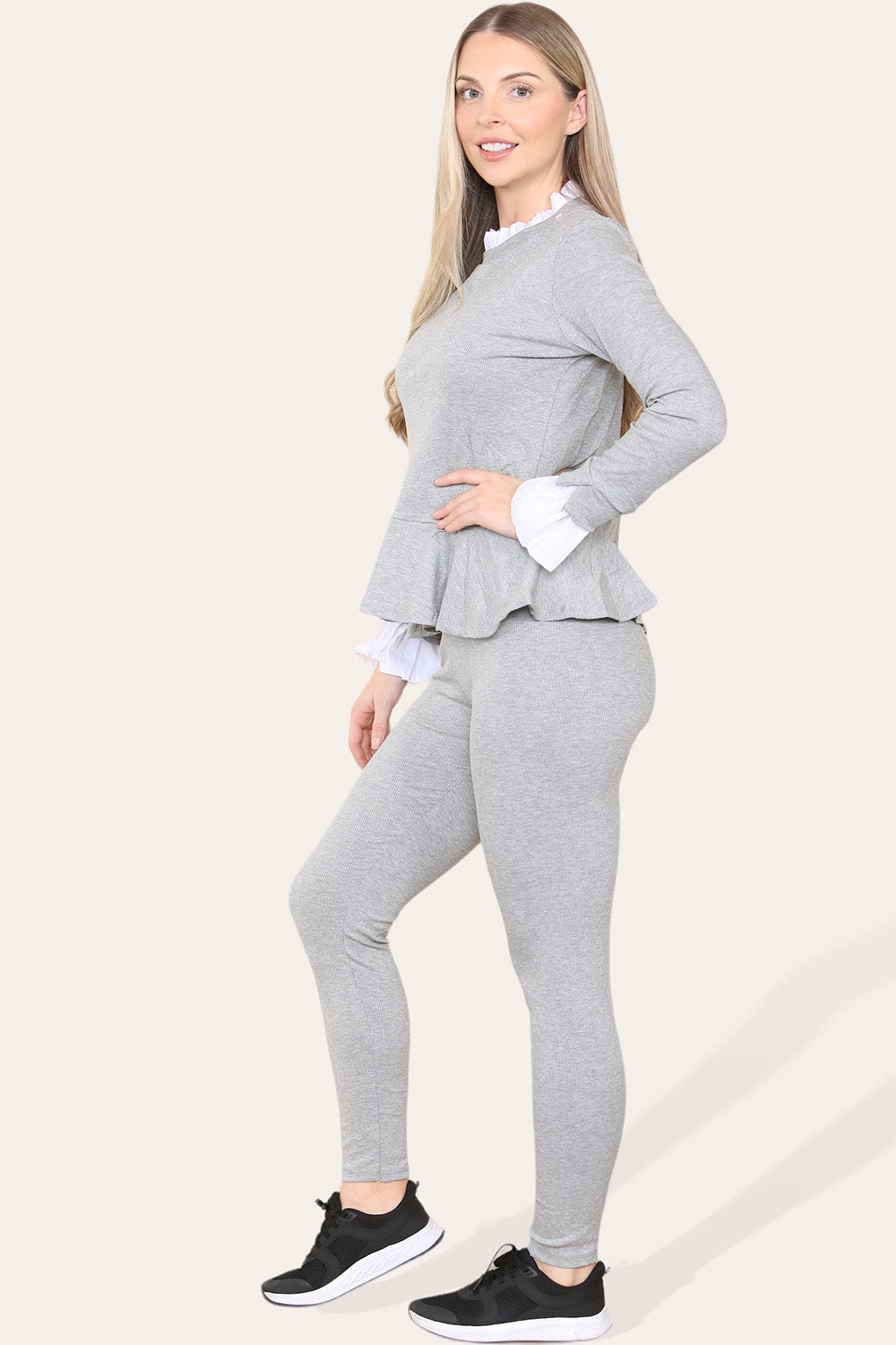 Peplum Frill Neck Suit Pleated Lounge Wear Set - 9th Degree