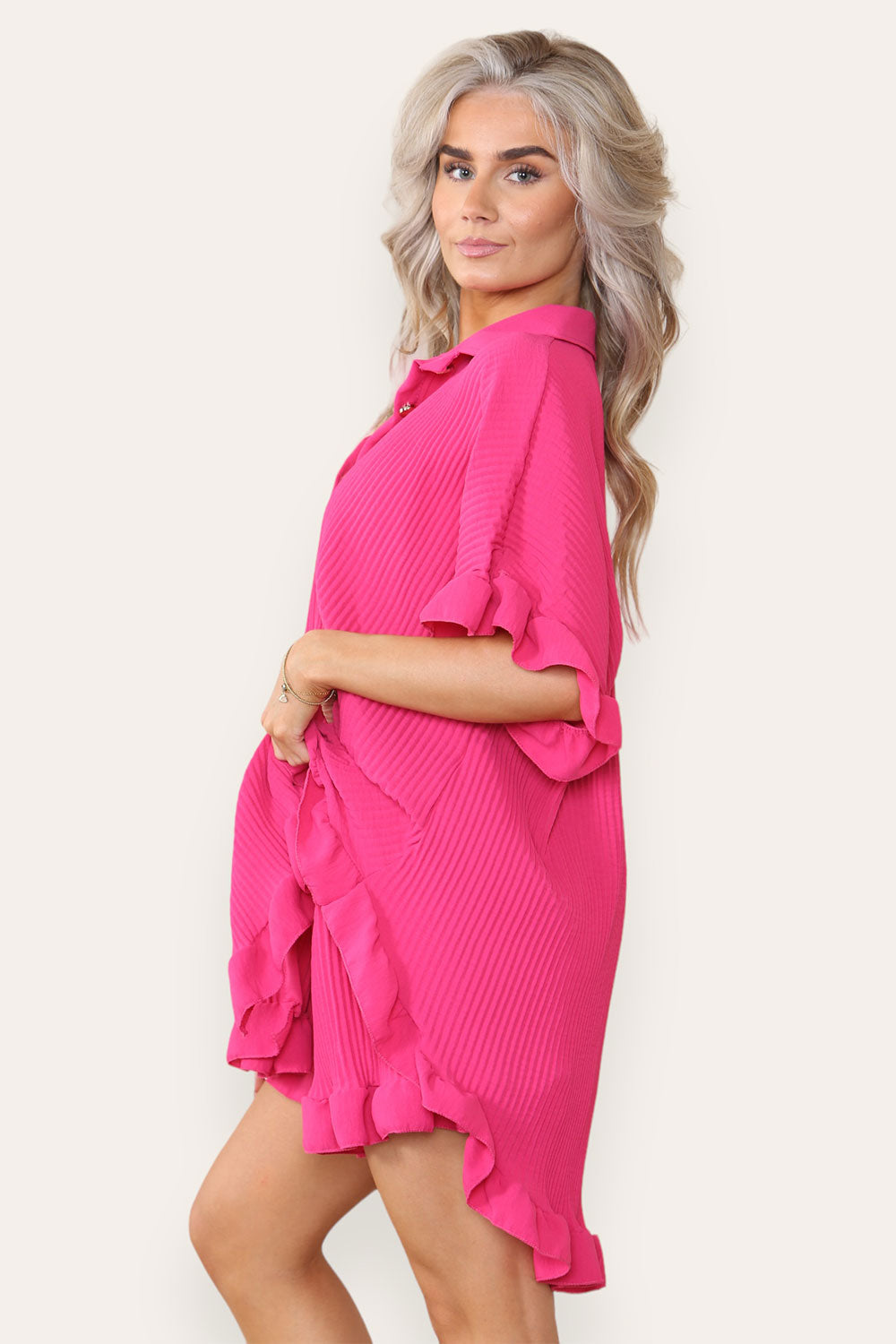 Women’s Casual Oversized Gold Button Pleated Frilled Ruffle Short Sleeves Shirt Top and Short Co-Ord Set - 9th Degree