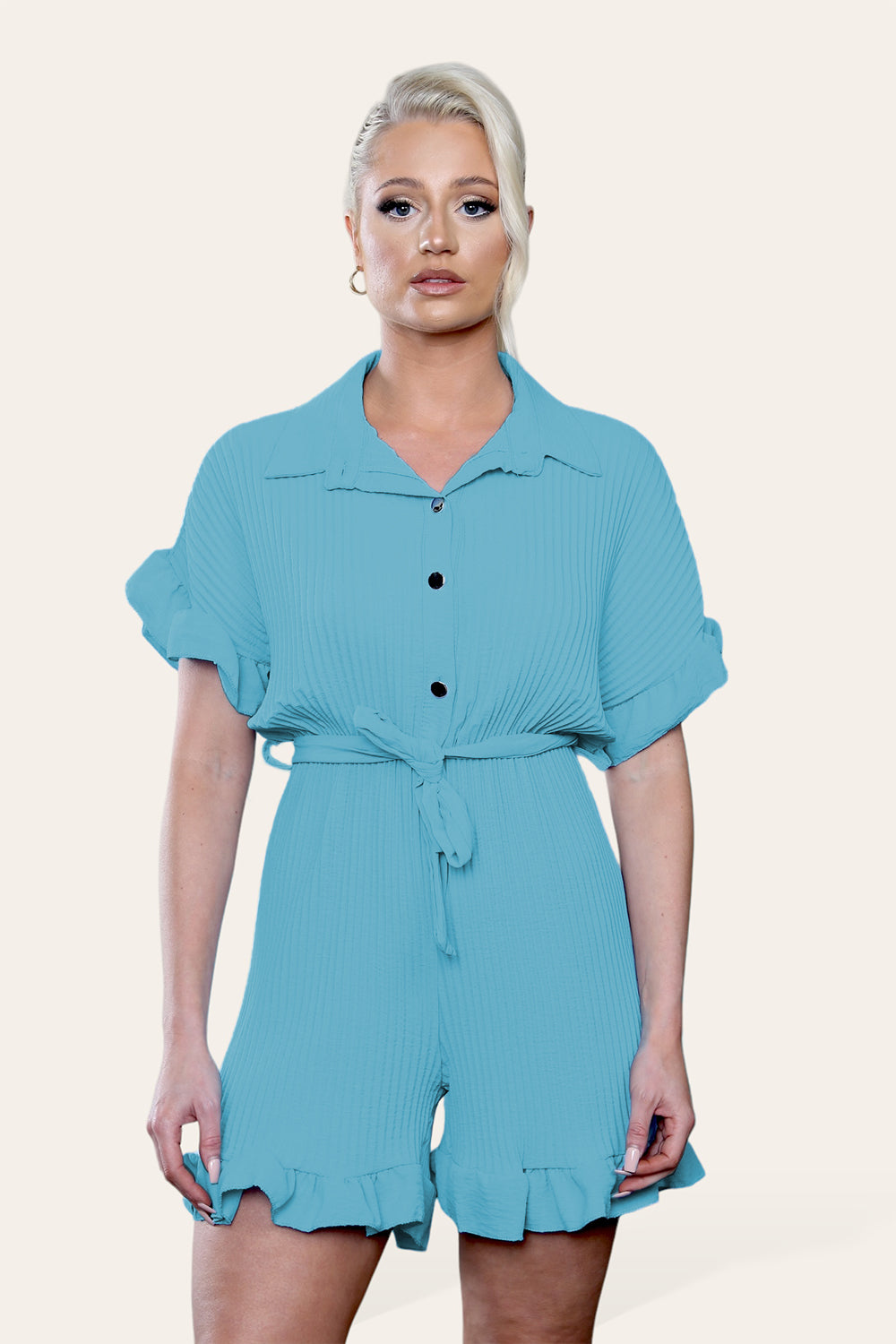 Pleated Ruffle Shirt Short Playsuit With Frill Hems - 9th Degree
