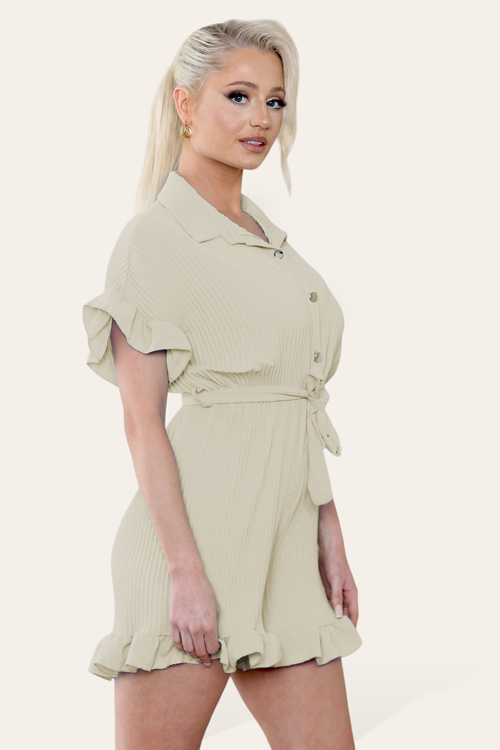Pleated Ruffle Shirt Short Playsuit With Frill Hems - 9th Degree