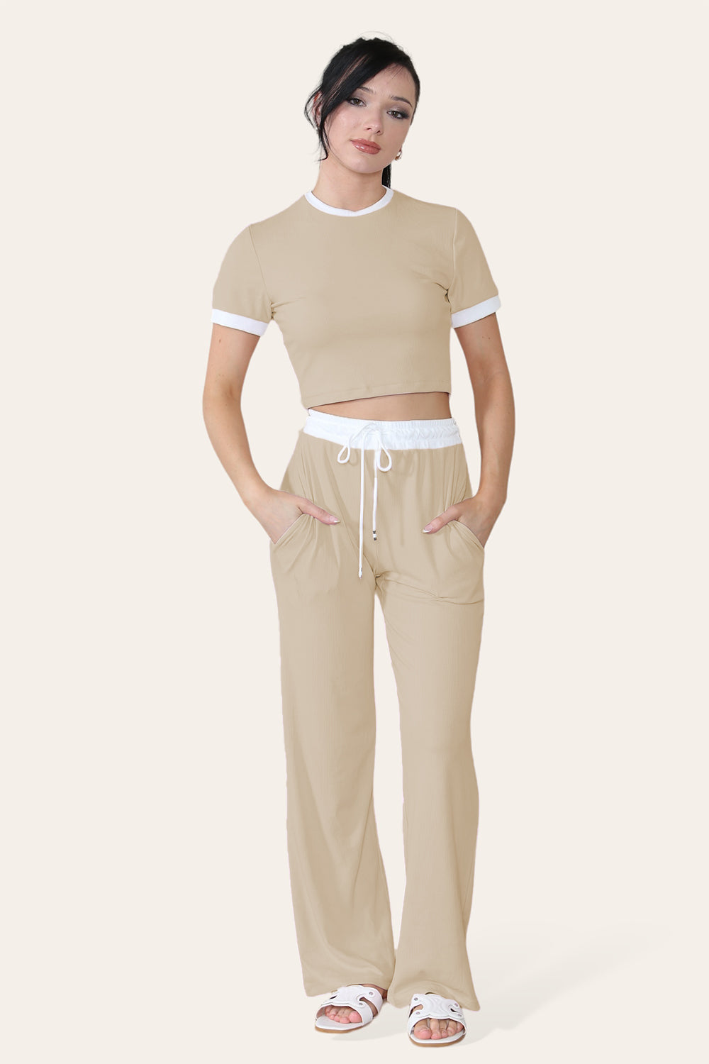 Ribbed Contrast Wide Leg Flared Trousers And Top Loungewear TRS Cropped Set - 9th Degree