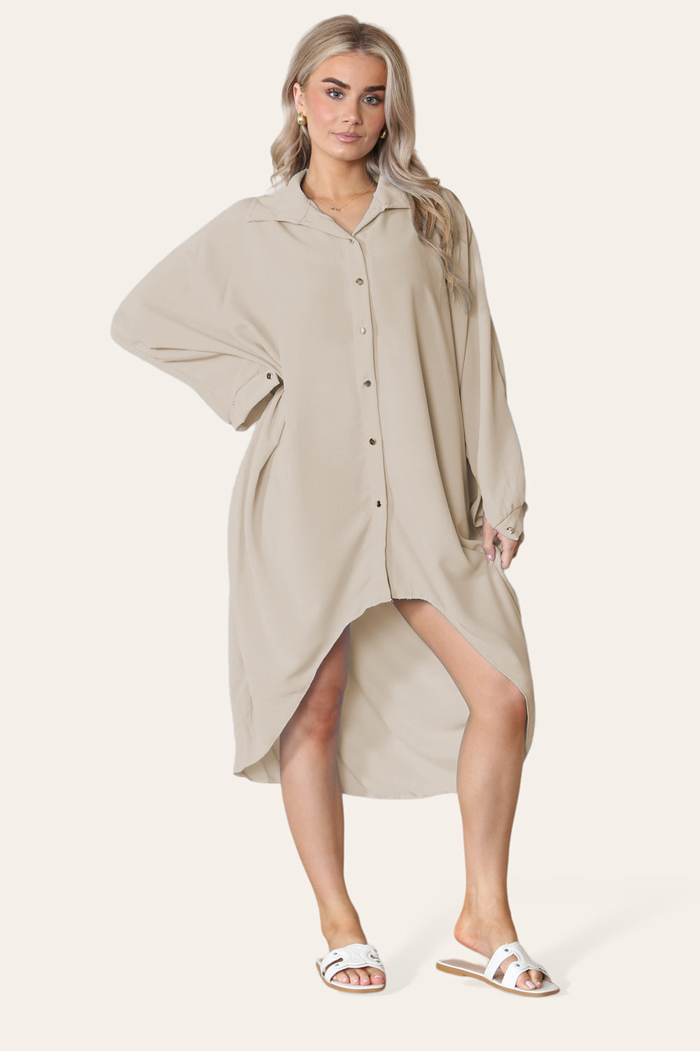 High-Low Oversized Button Long Top Shirt Dress with Hem and Long Sleeves - 9th Degree