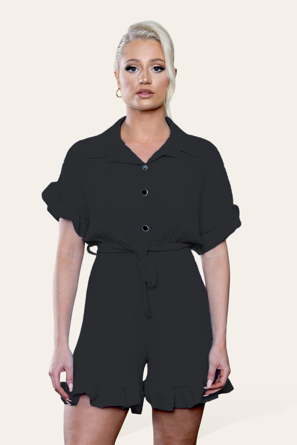 Pleated Ruffle Shirt Short Playsuit With Frill Hems - 9th Degree