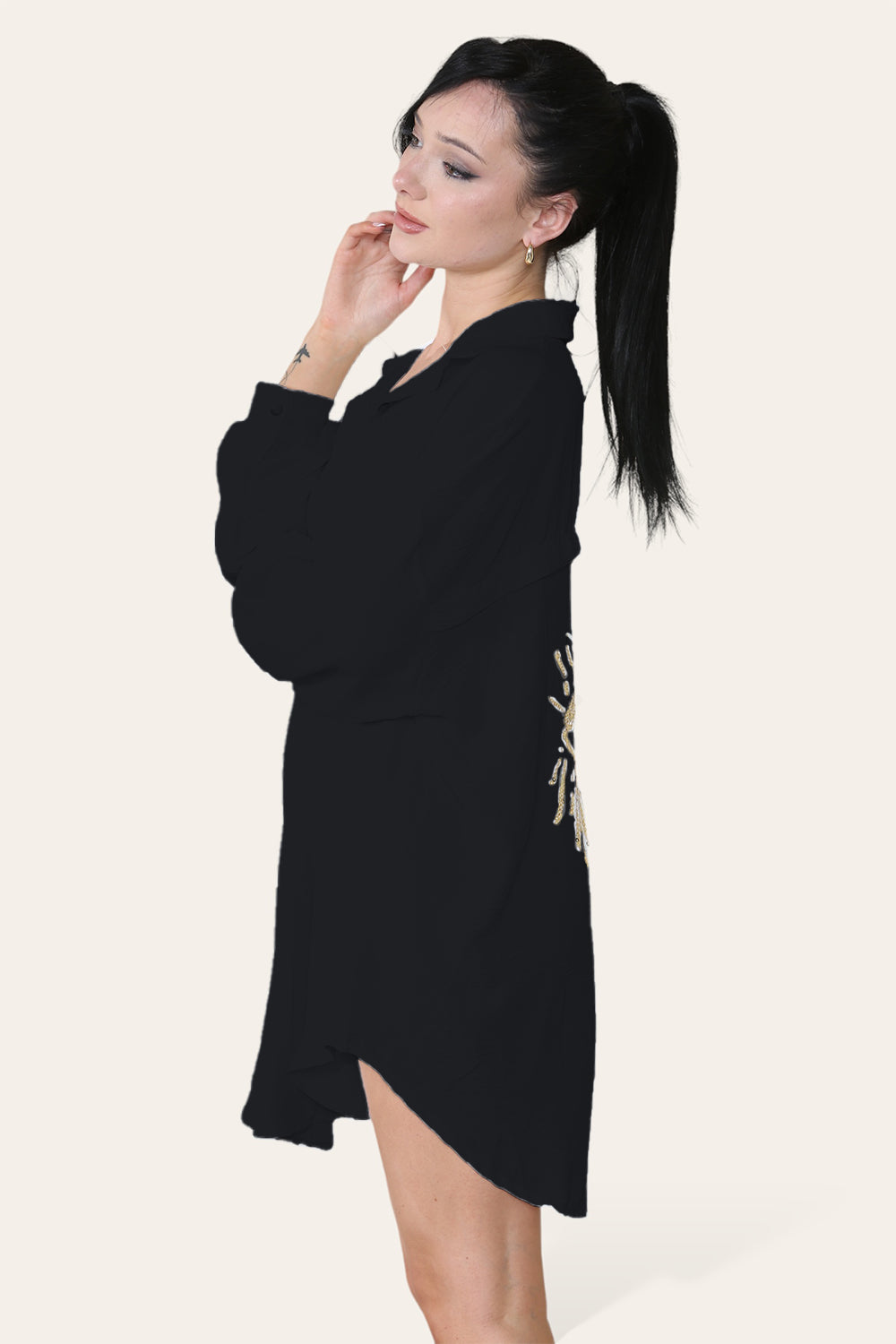 Oversized Long Sleeve Gold Sequin Eye Button Up Shirt - 9th Degree