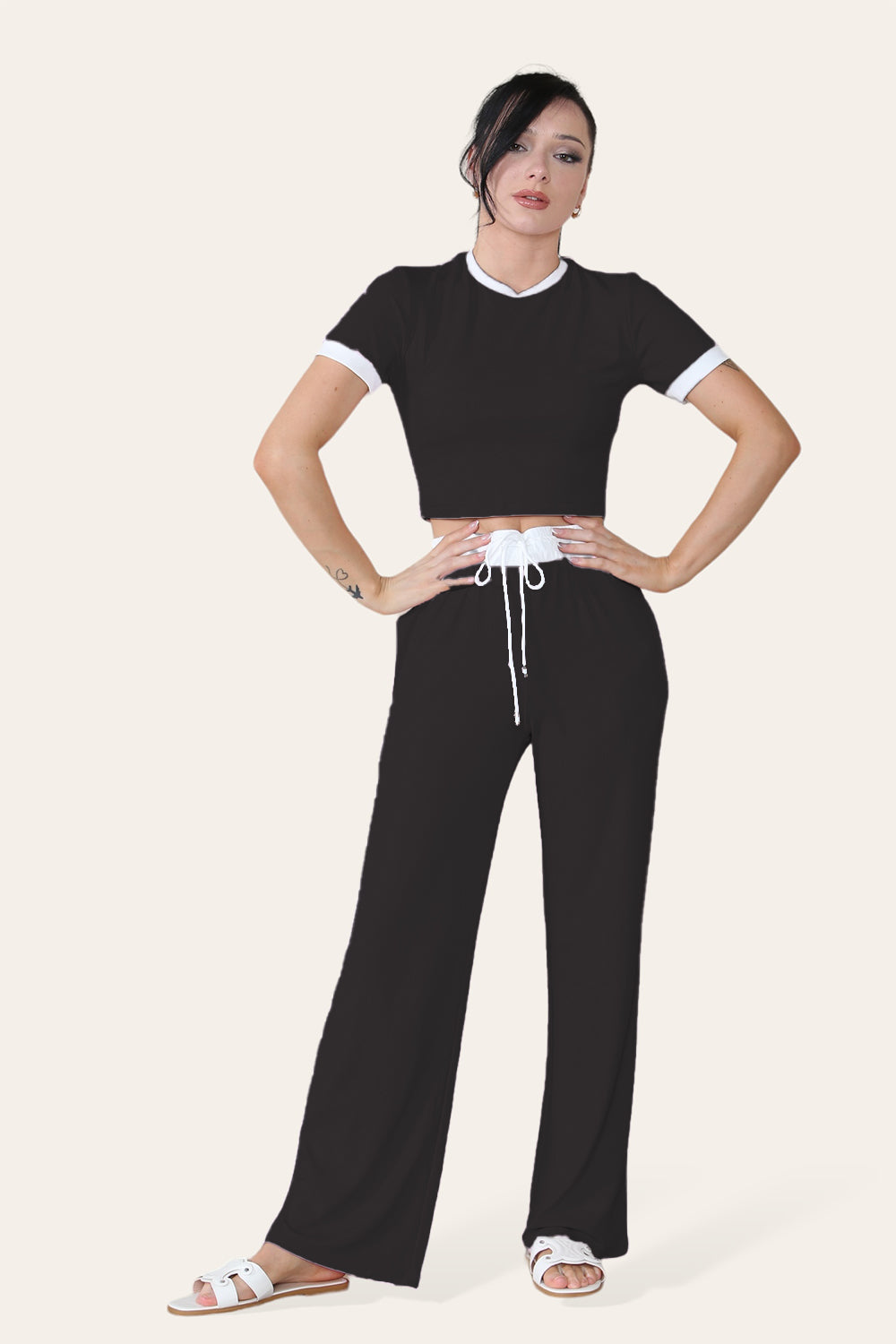 Ribbed Contrast Wide Leg Flared Trousers And Top Loungewear TRS Cropped Set - 9th Degree