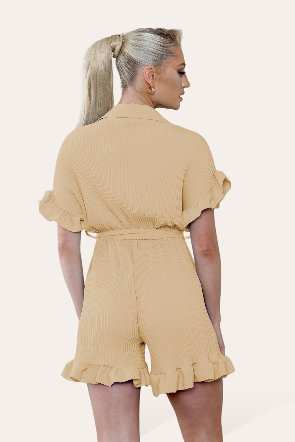 Pleated Ruffle Shirt Short Playsuit With Frill Hems - 9th Degree