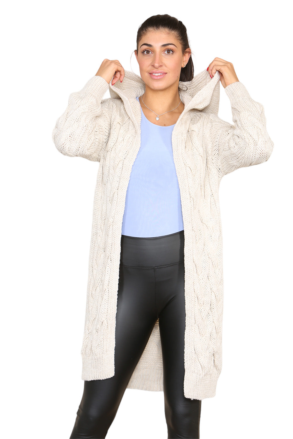 Knitted Cables Hooded Long Over Sized Cardigan - 9th Degree