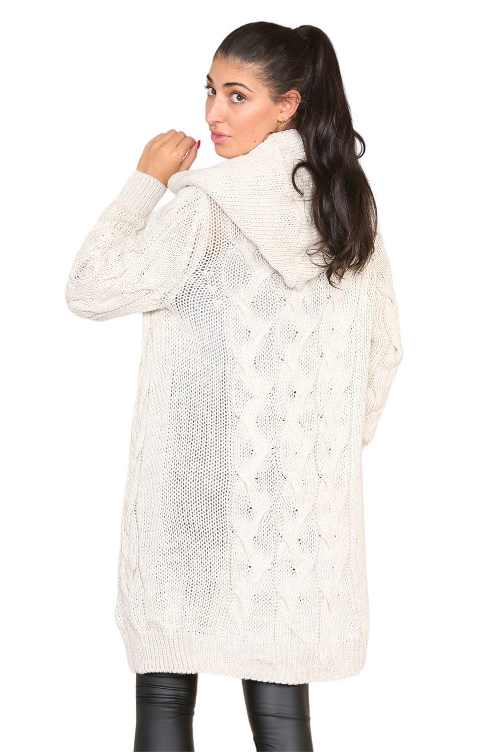 Knitted Cables Hooded Long Over Sized Cardigan - 9th Degree