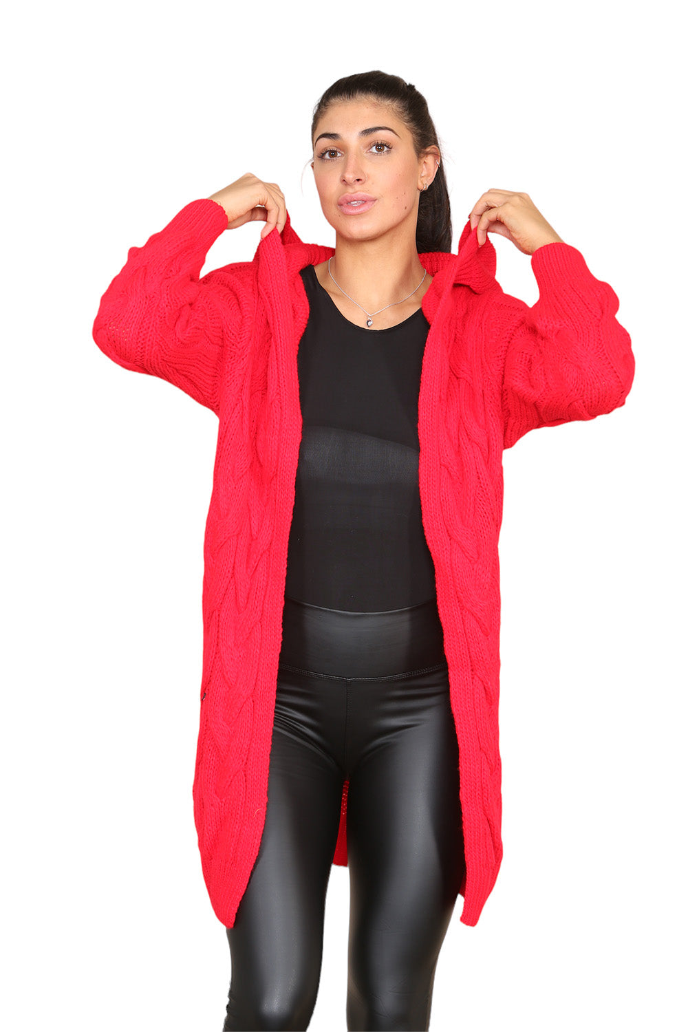 Knitted Cables Hooded Long Over Sized Cardigan - 9th Degree