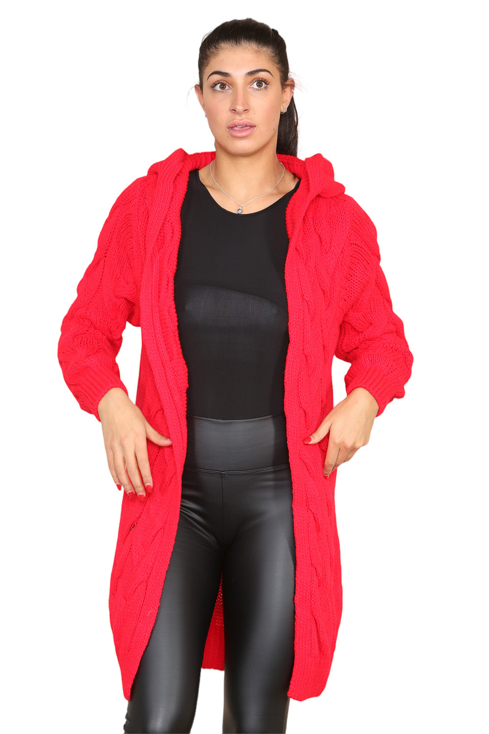 Knitted Cables Hooded Long Over Sized Cardigan - 9th Degree