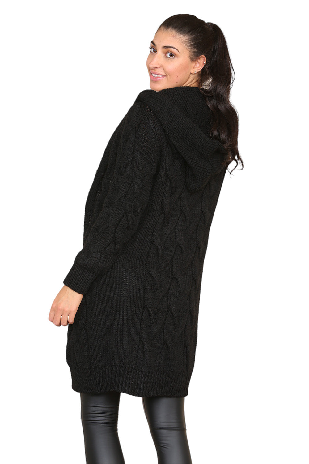 Knitted Cables Hooded Long Over Sized Cardigan - 9th Degree