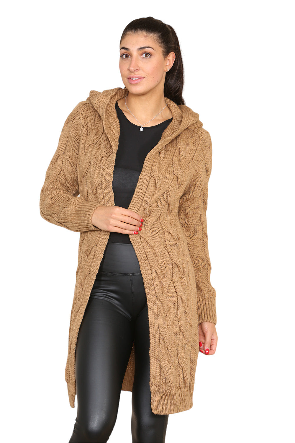 Knitted Cables Hooded Long Over Sized Cardigan - 9th Degree