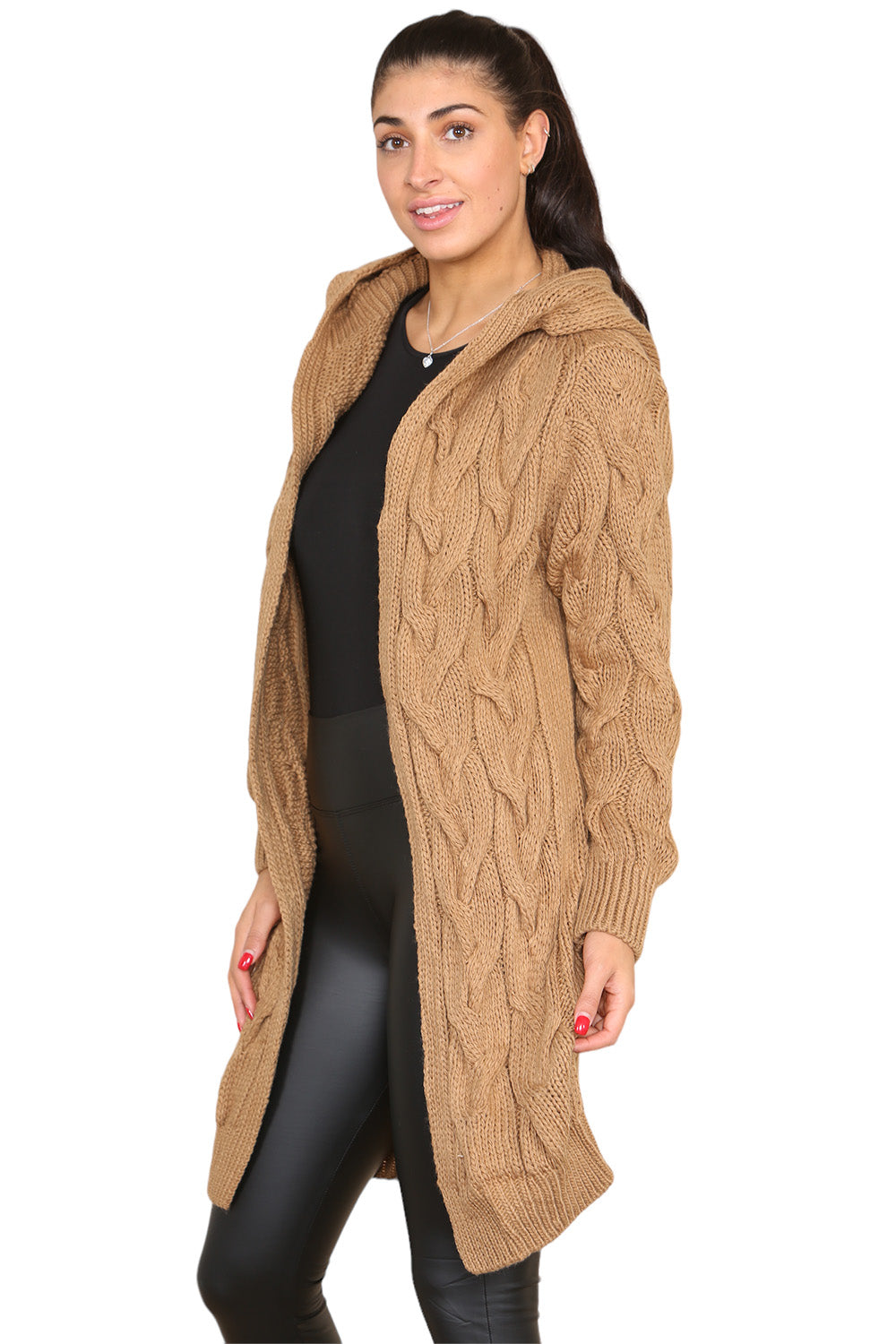 Knitted Cables Hooded Long Over Sized Cardigan - 9th Degree