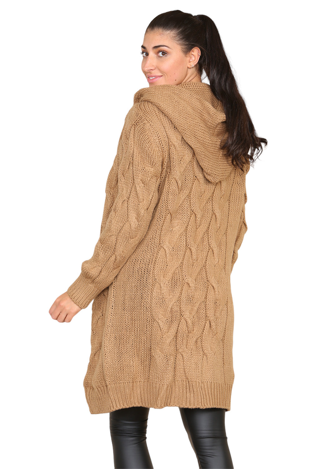 Knitted Cables Hooded Long Over Sized Cardigan - 9th Degree