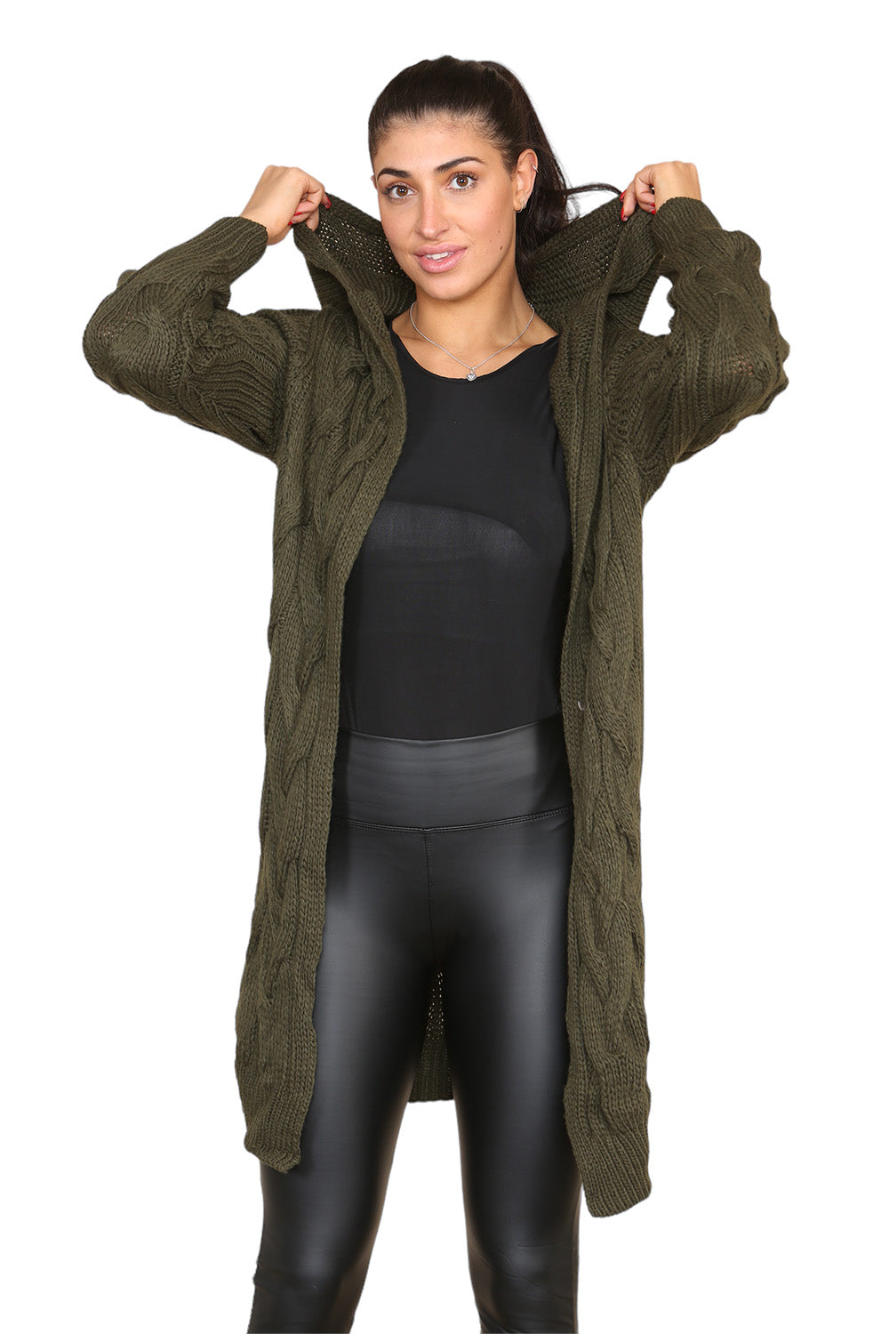 Knitted Cables Hooded Long Over Sized Cardigan - 9th Degree