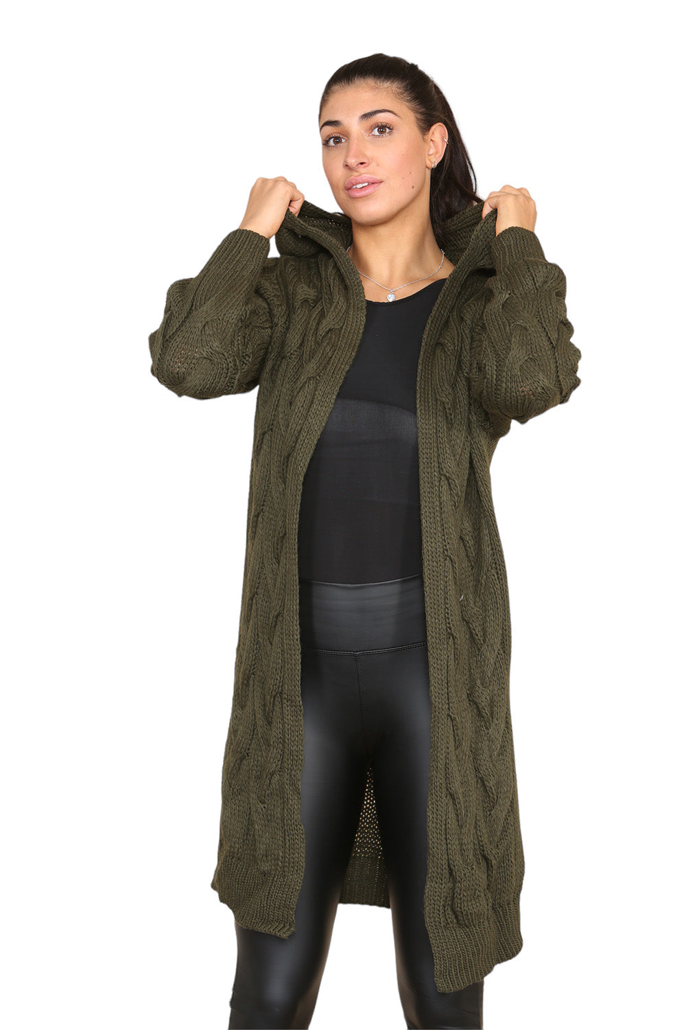 Knitted Cables Hooded Long Over Sized Cardigan - 9th Degree