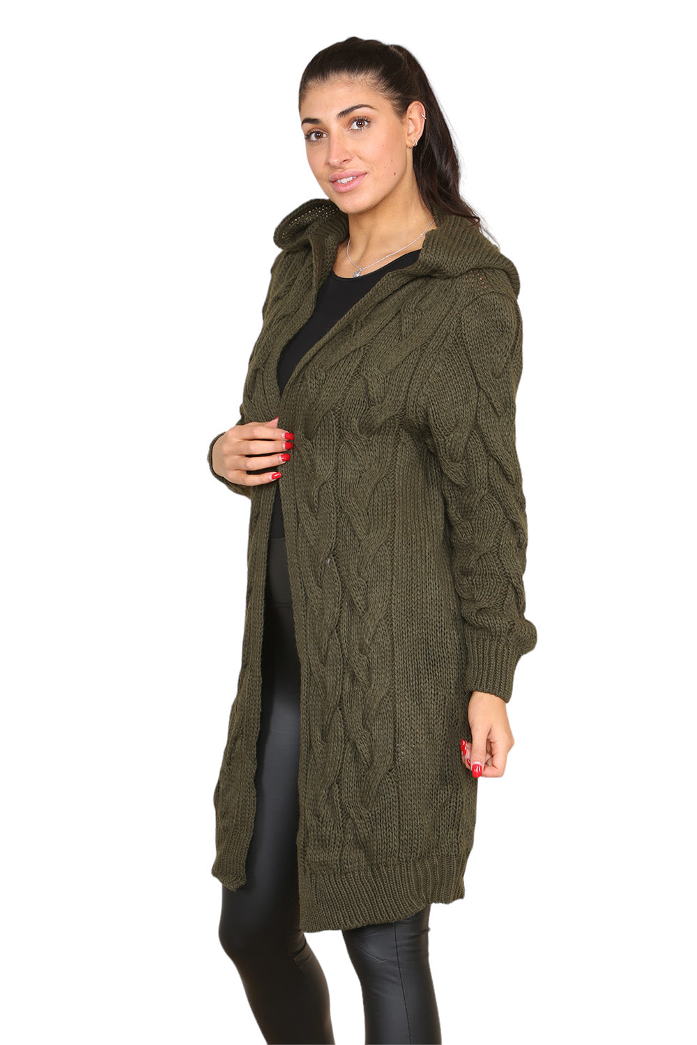 Knitted Cables Hooded Long Over Sized Cardigan - 9th Degree