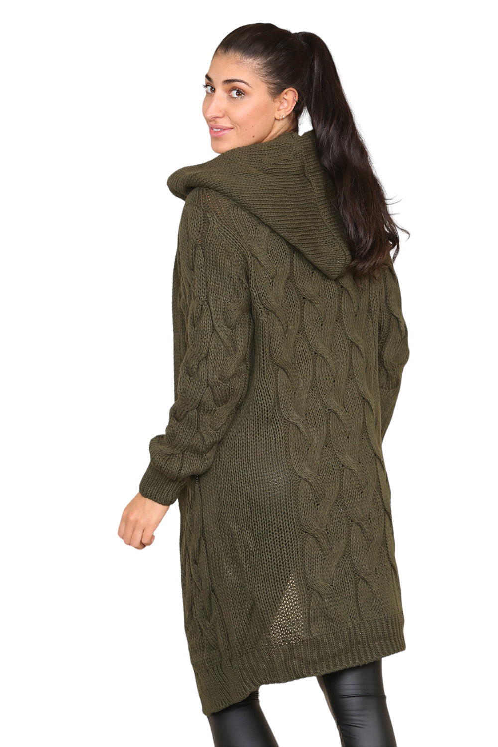 Knitted Cables Hooded Long Over Sized Cardigan - 9th Degree