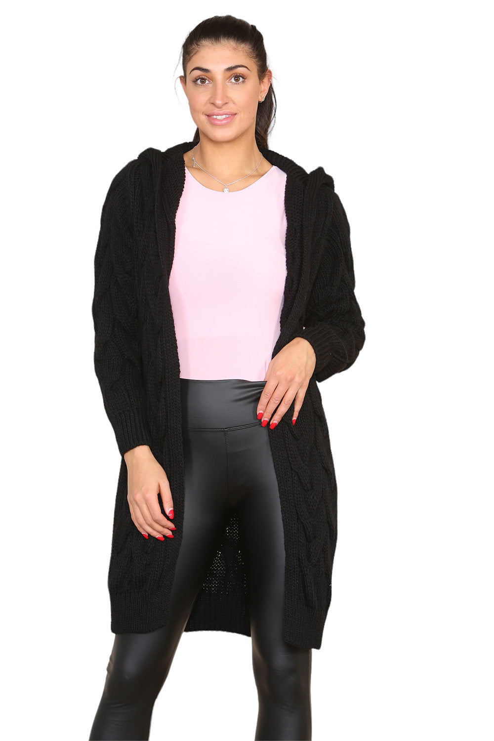 Knitted Cables Hooded Long Over Sized Cardigan - 9th Degree