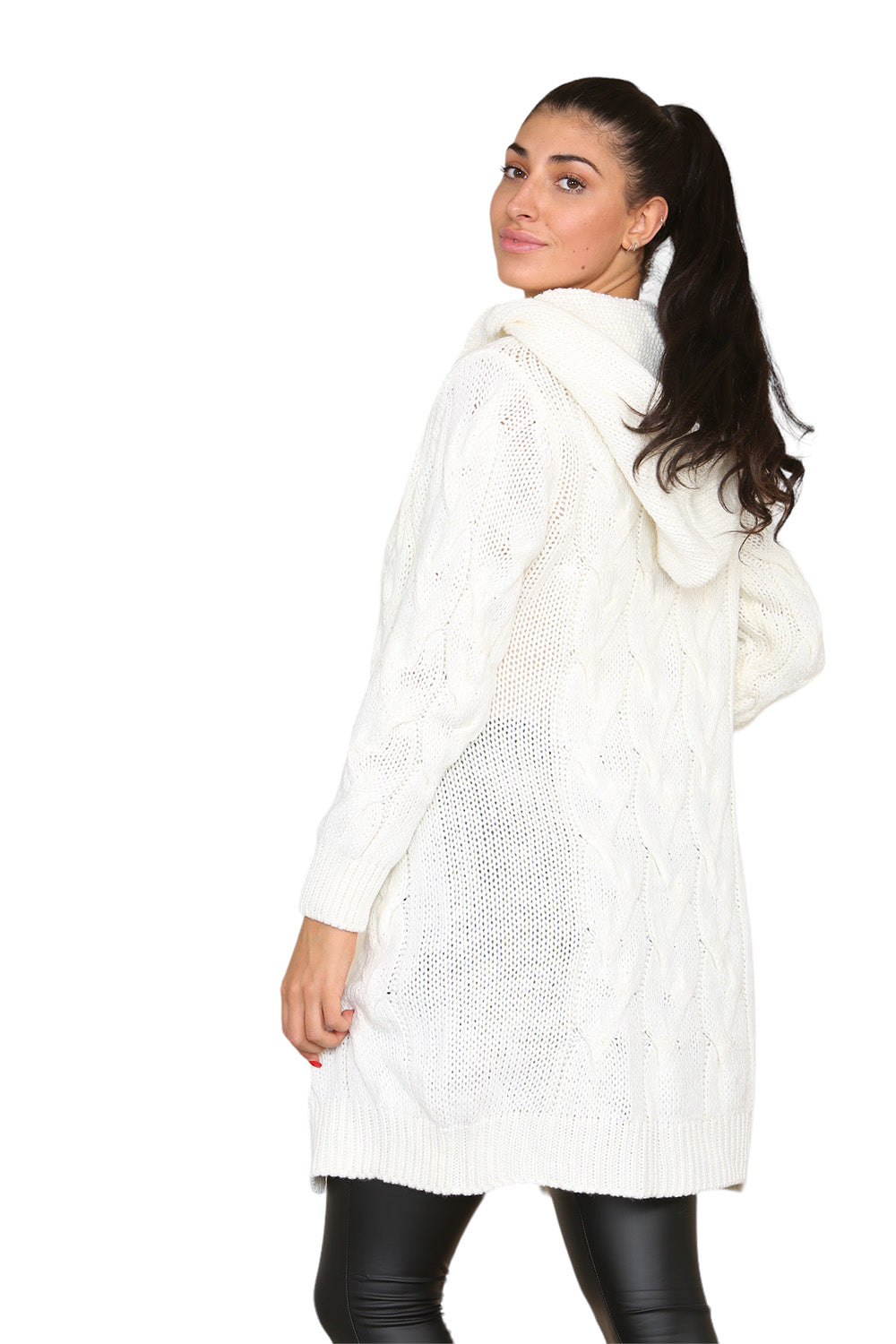 Knitted Cables Hooded Long Over Sized Cardigan - 9th Degree