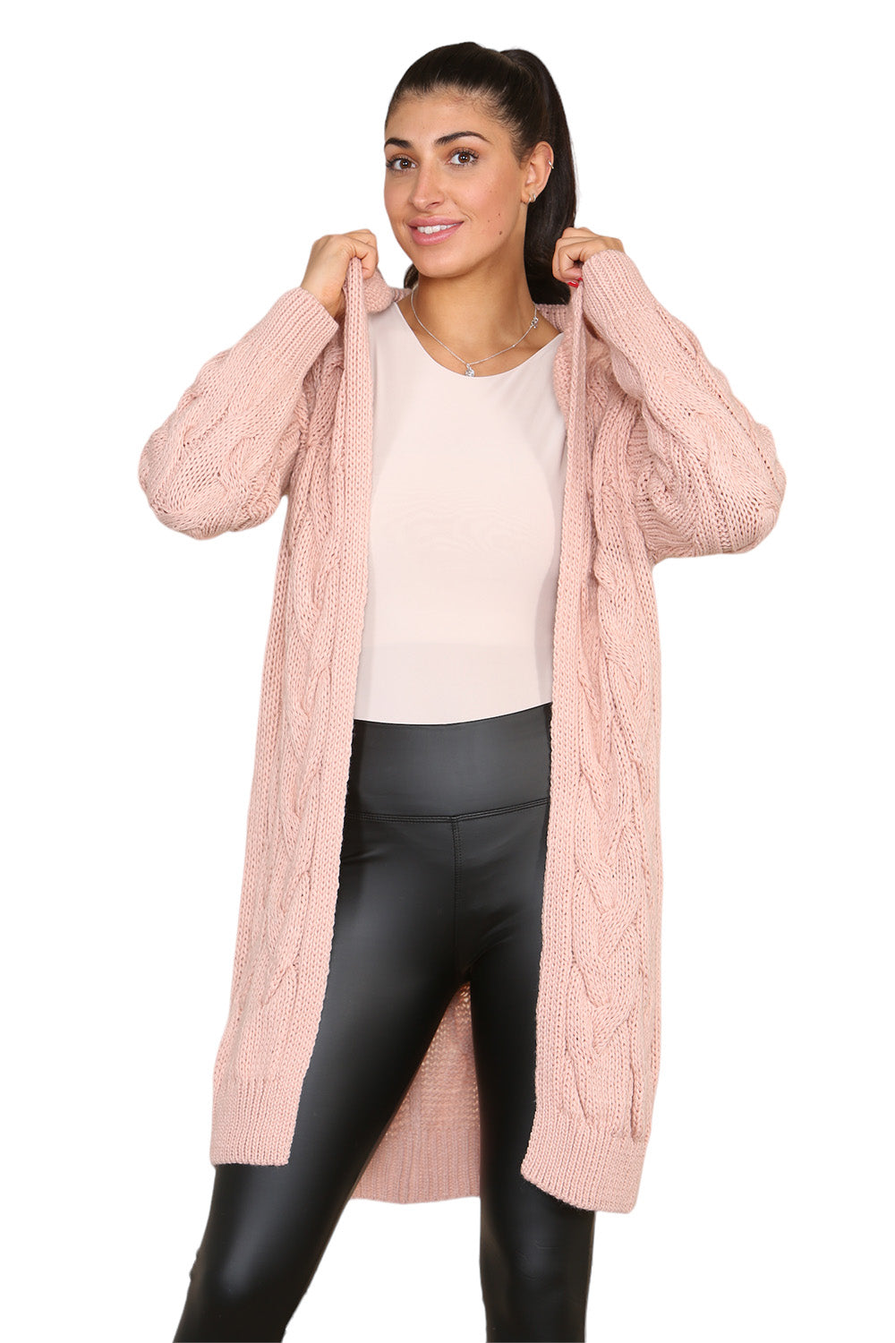 Knitted Cables Hooded Long Over Sized Cardigan - 9th Degree