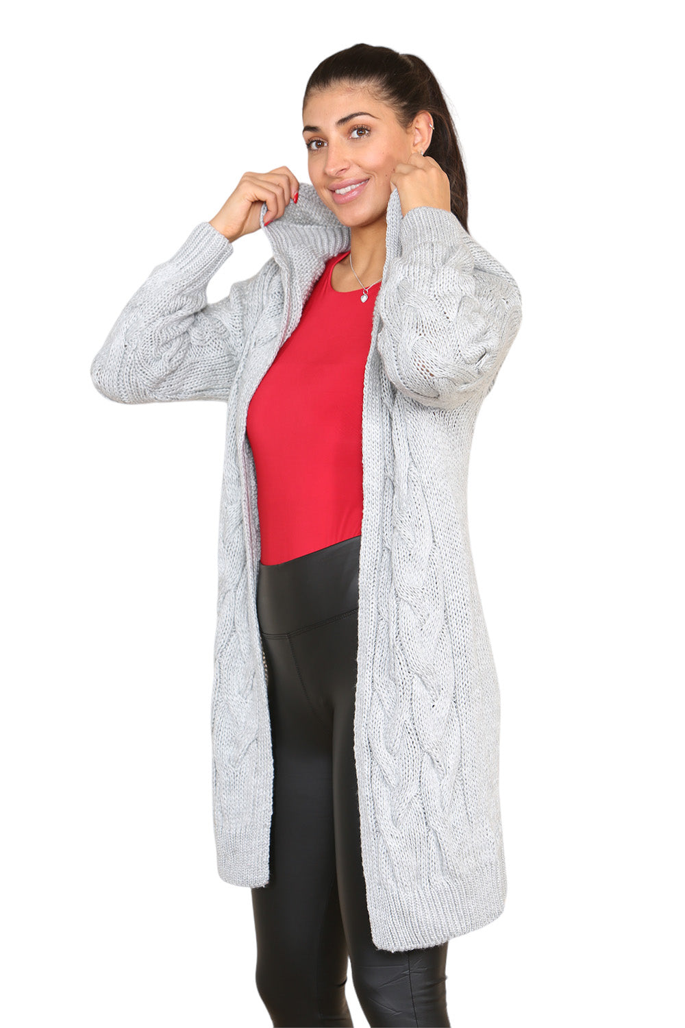 Knitted Cables Hooded Long Over Sized Cardigan - 9th Degree