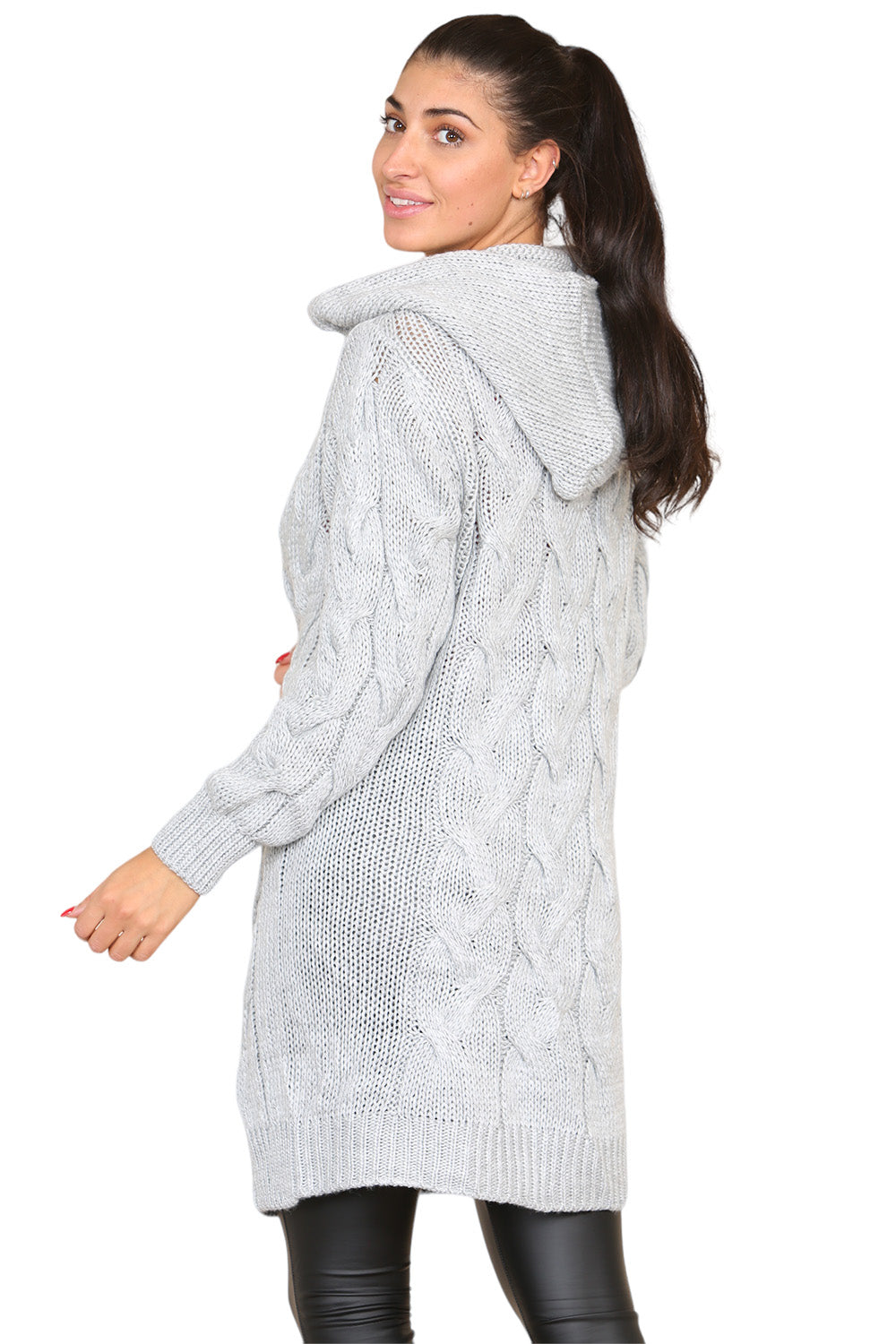Knitted Cables Hooded Long Over Sized Cardigan - 9th Degree