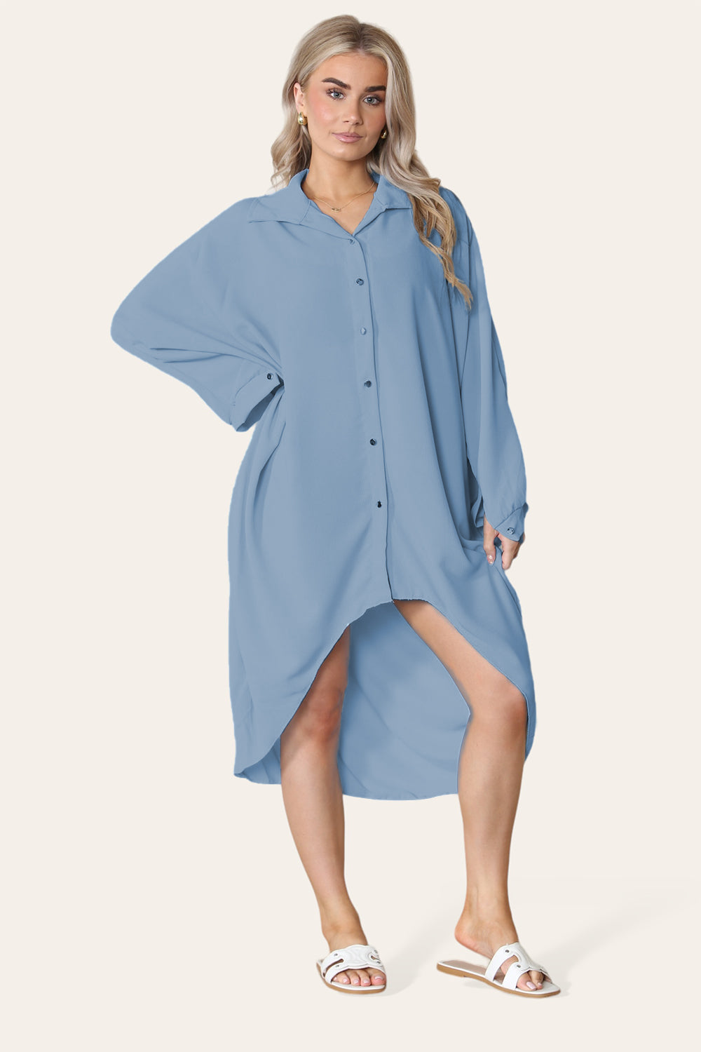 High-Low Oversized Button Long Top Shirt Dress with Hem and Long Sleeves - 9th Degree