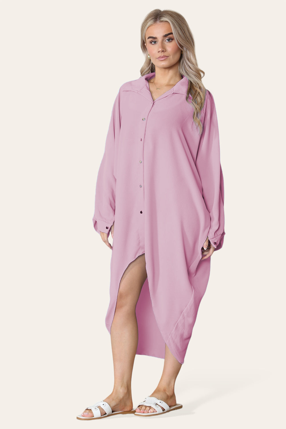 High-Low Oversized Button Long Top Shirt Dress with Hem and Long Sleeves - 9th Degree
