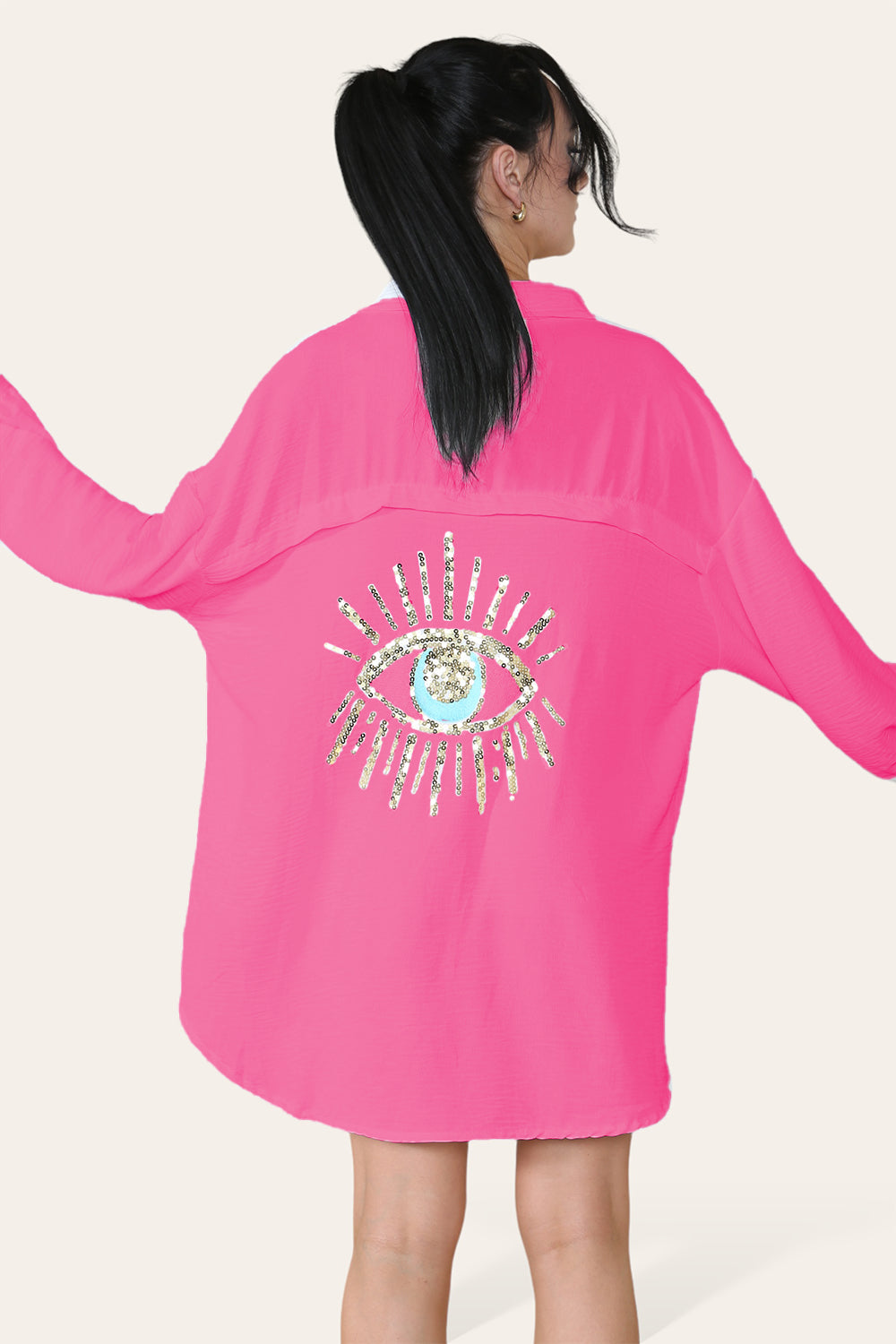 Oversized Long Sleeve Gold Sequin Eye Button Up Shirt - 9th Degree