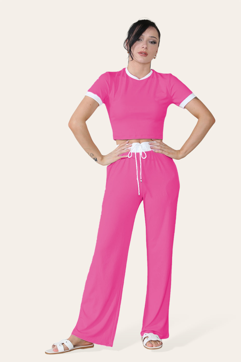 Ribbed Contrast Wide Leg Flared Trousers And Top Loungewear TRS Cropped Set - 9th Degree