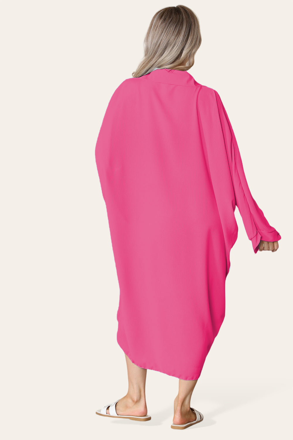 High-Low Oversized Button Long Top Shirt Dress with Hem and Long Sleeves - 9th Degree